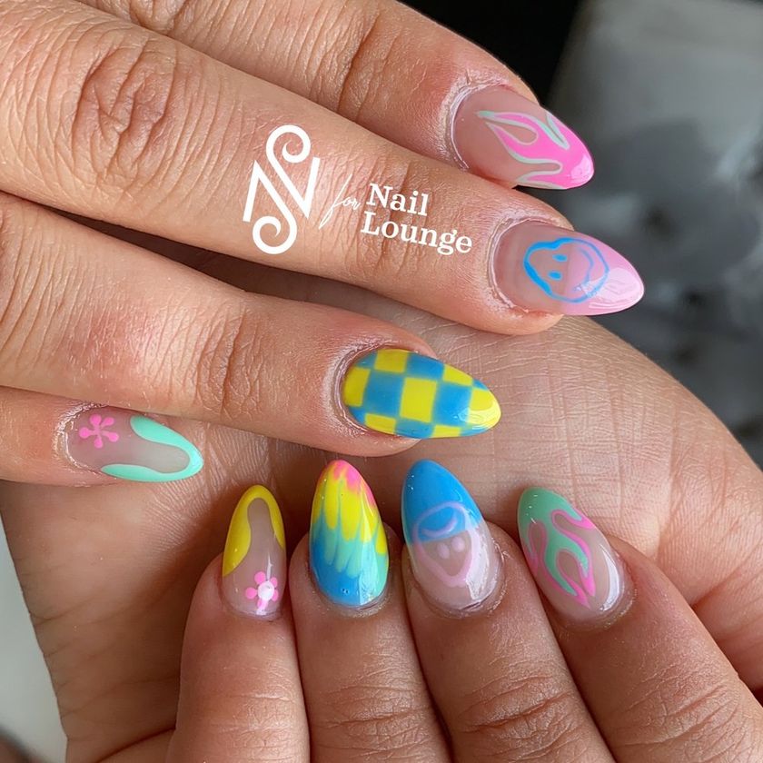 A colorful hand painted nail art set