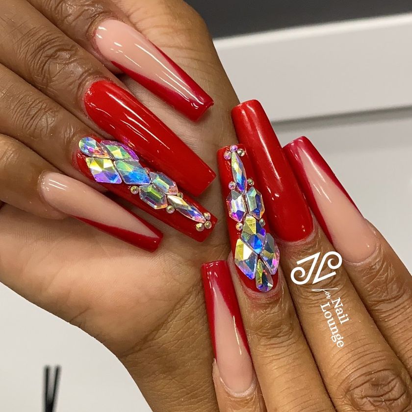 Red coffin nails with crystal art